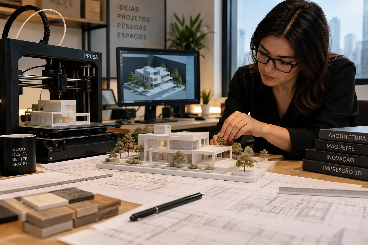 Arquiteta analisando maquete produzida por impressão 3D em escritório de arquitetura