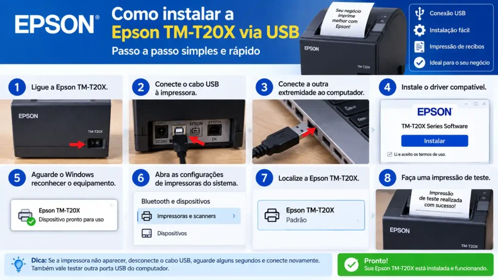 Como instalar a Epson TM-T20X via USB passo a passo